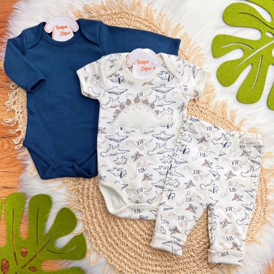 Conj. de Malha 3 Peças - Dinos - Marinho e Off White Conj. de Malha 3 Peças - Dinos - Marinho e Off White